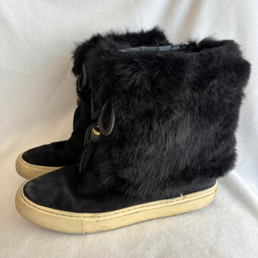 Tory Burch Black Suede Fur Trim Tassel Ankle Boots Sneaker Sole 7M 31158